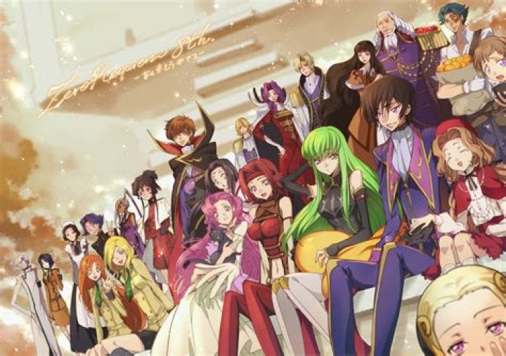 Characters from Code Geass are posing in front of a black background. 